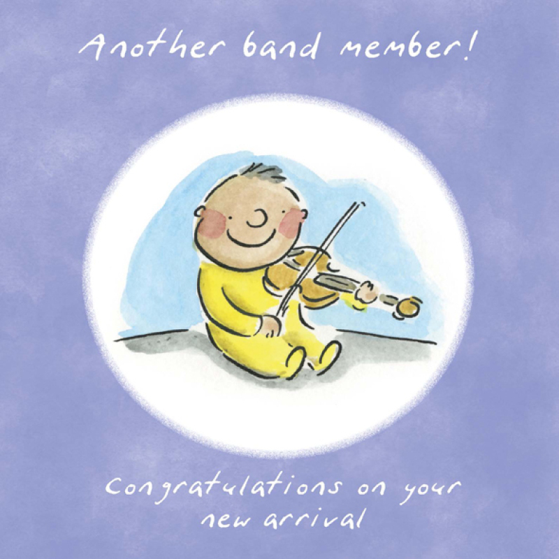 New band member music themed baby greetings card by artist Rosie Brooks. Card is 150mm square.