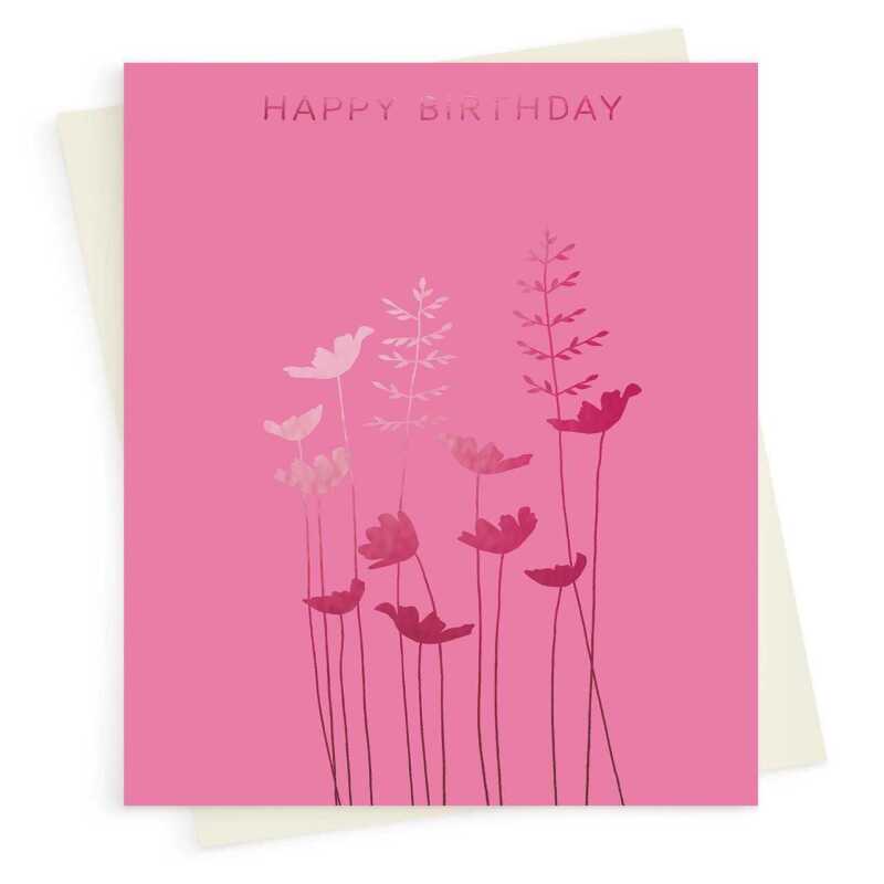 Happy birthday card with a pretty pink foil anemones print - designed by artist Eloise Hall - 15.7 x 11cm and blank inside