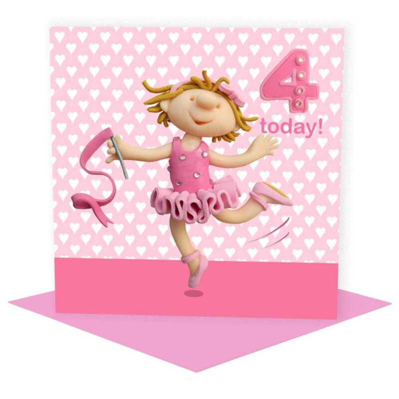 Birthday girl age 4 as a dancing ballerina - child's age birthday - designed by Erica Sturla - 15cm square and blank inside, made in the UK