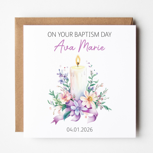 Personalised Baptism Card - On Your Baptism Day - Purple Candle - Standard Smooth Card