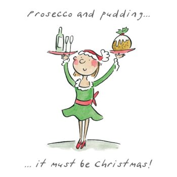 Prosecco and pudding, a 150mm square festive Christmas greetings card featuring Rosie Brooks artwork, message inside reads Merry Christmas