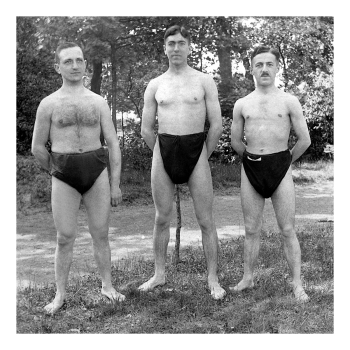 Holy Mackerel Big pants retro black and white photographic card featuring a vintage image of male swimmers in baggy underwear - 15cm square and blank inside