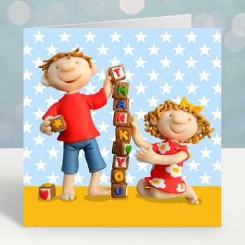 Thank you child's card designed by Erica Sturla - 15cm square and blank inside, made in the UK