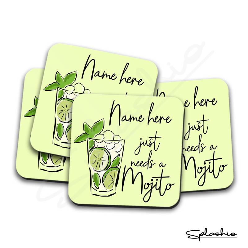 Mojito Set of 4 Coasters Cocktail Personalised Coaster, Fathers Day gift, Christmas Coaster, Secret Santa, Birthday Gift, Home Bar.
