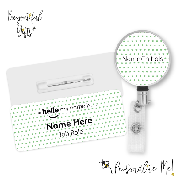 #hello my name is... Name Badge & Metal ID Reel - Small Green Stars