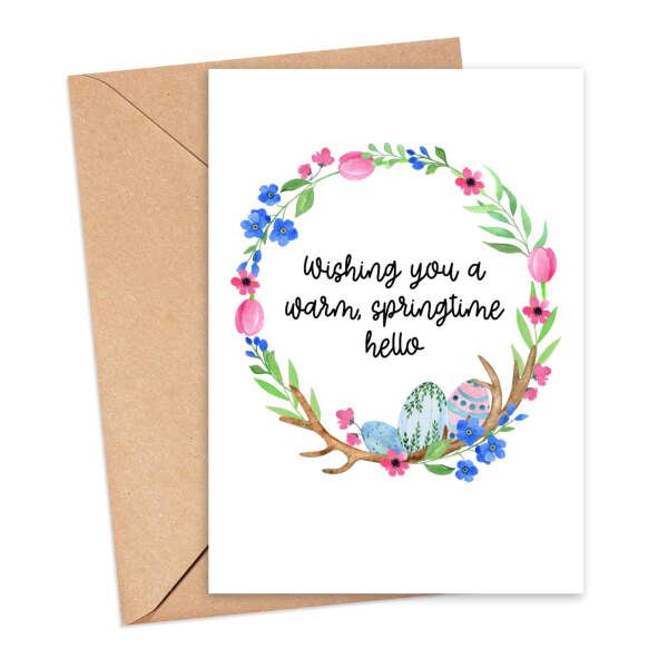 Easter Card - Wishing You A Warm Springtime Hello Floral Wreath - Small (A6)