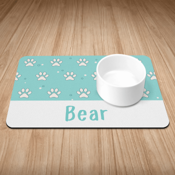 Personalised Aqua Paws & Polkadots Puppy/Dog Bowl Mat