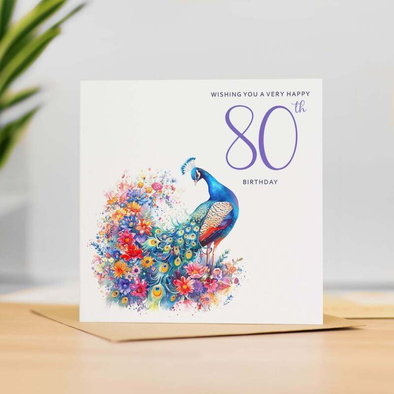 80th Birthday Card With Peacock Illustration Pretty Eighty Card For Mum, Gran or Friend Eightieth Birthday Card - Square (5.5x5.5) / Blank Inside