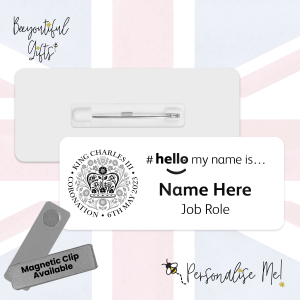 #hello my name is... Name Badge - King Charles III Coronation Day May 2023 Official Emblem - Black