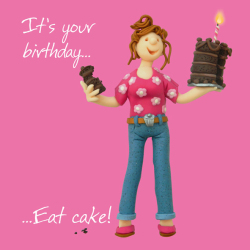 Holy Mackerel eat cake birthday card for her - designed by artist Erica Sturla - 15cm square and blank inside for your message - made in the UK