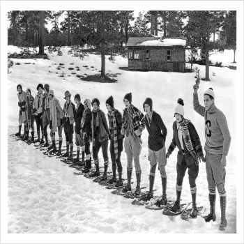 Snowshoe racing, a 127 x 175mm Alternative Image Christmas card featuring a vintage black and white photo, message inside says Happy Christmas