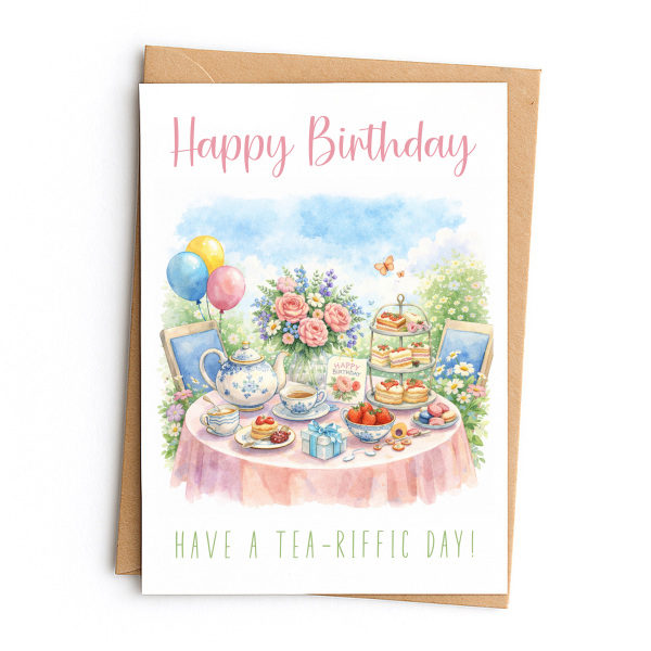 Birthday Card - Have a Tea-riffic Day! - Small (Approx. A6 | 105mm x 148mm | 4.1in x 5.8in) - Standard Smooth Card