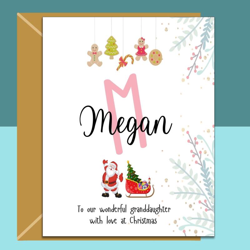 Personalized Granddaughter Christmas Card: Santa Xmas Name Card - Blank inside - Regular - Matte