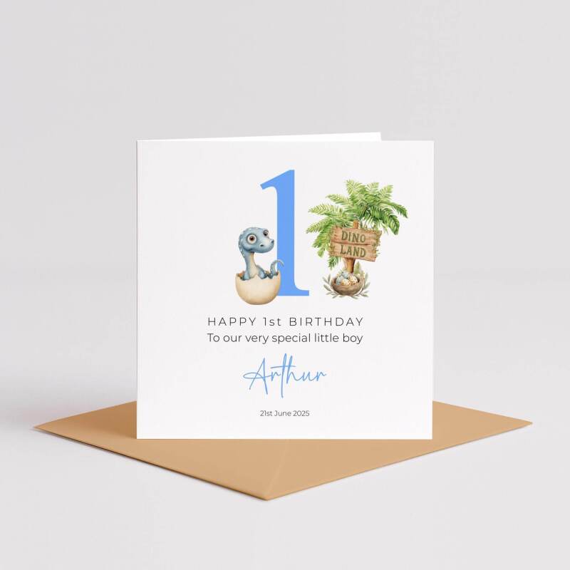 Personalised First Birthday Card Baby Dino in Egg Custom and Handmade for Boys - Smooth No Message - Kraft Brown