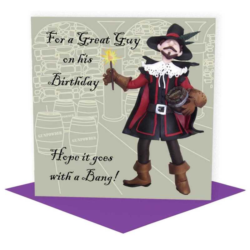 A great guy - Guy Fawkes themed birthday card - designed by Erica Sturla - 15cm square and blank inside, made in the UK
