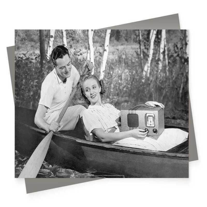 Cruising to music, vintage photographic black and white canoe themed card  - 12.6 x 17.7cm and blank inside - made in the UK
