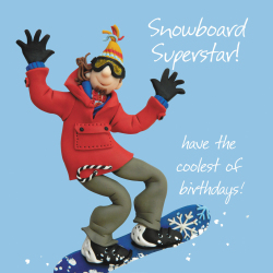 Holy Mackerel snowboard superstar male birthday card for him - designed by artist Erica Sturla - 15cm square and blank inside for your message - made in the UK