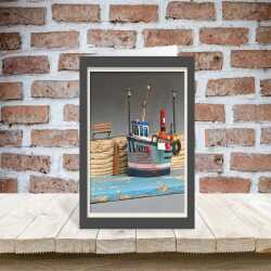 Moored up - quayside fishing boat themed blank card - designed by Seth Draper - 15cm square and blank inside, made in the UK
