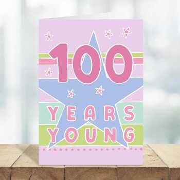 100 years young, a bright and fun 100th birthday card with a gorgeous printed envelope - 12 x 17cm and blank inside - made in the UK