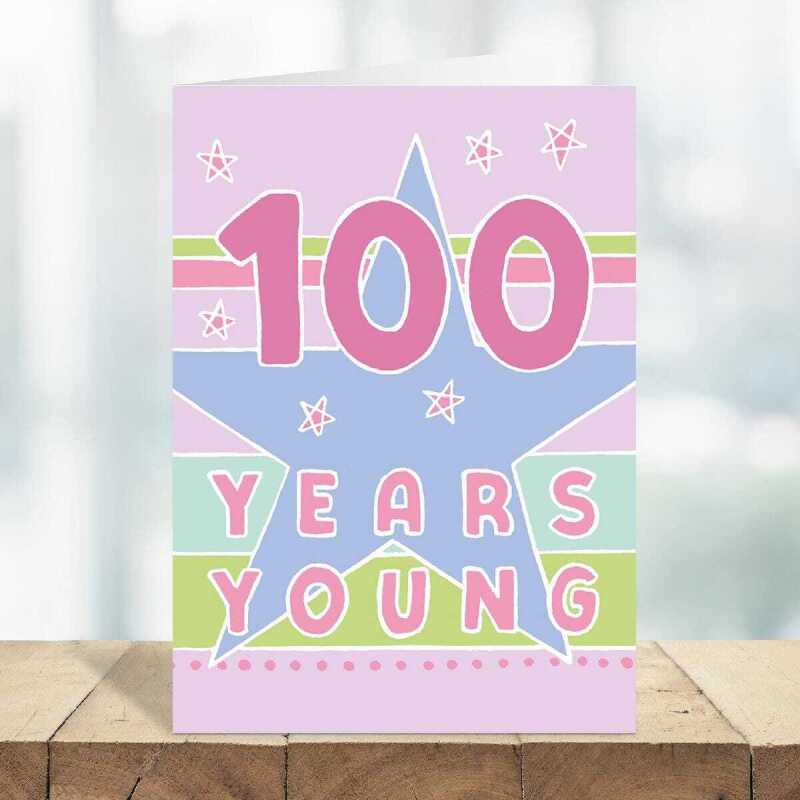 100 years young, a bright and fun 100th birthday card with a gorgeous printed envelope - 12 x 17cm and blank inside - made in the UK