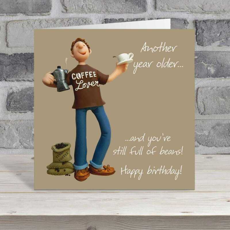 Full of beans birthday card for him - designed by Erica Sturla - 15cm square and blank inside, made in the UK