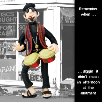 Holy Mackerel diggin' it birthday card featuring a beatnik playing bongos - designed by artist Erica Sturla - 15cm square and blank inside for your message - made in the UK