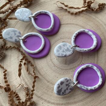 Handmade Lilac Clay Earrings: Silver Leaf Organic Circle Statement Earrings