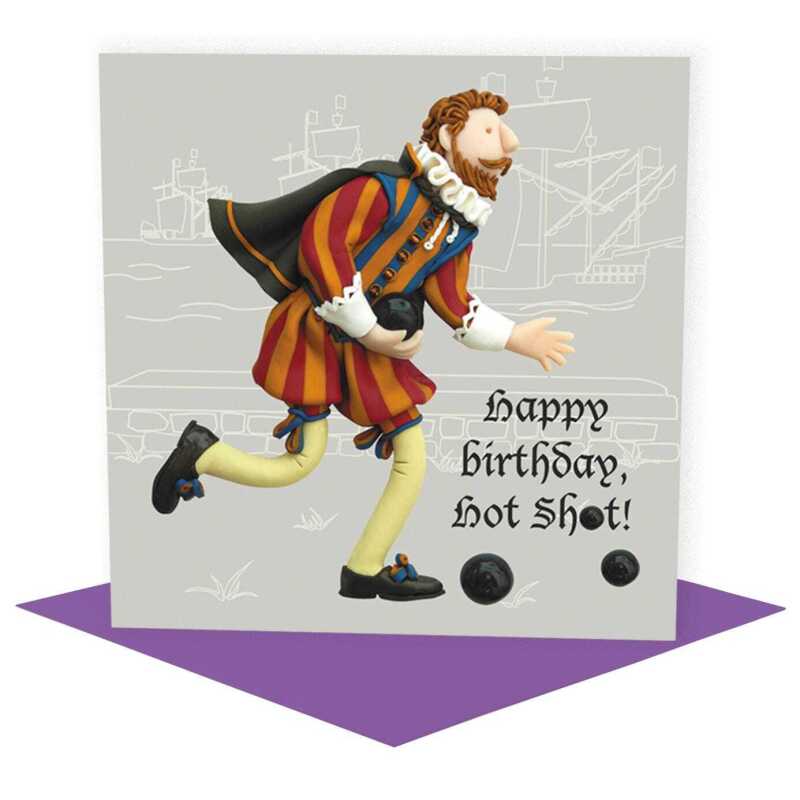 Hot shot - Francis Drake themed birthday card - designed by Erica Sturla - 15cm square and blank inside, made in the UK