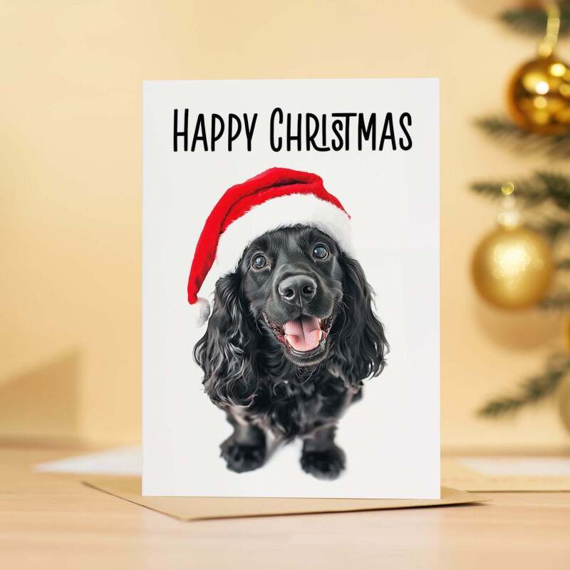 5 x Fun Christmas Card of a Black Cocker Spaniel Dog Wearing A Santa Hat Whimsical Christmas Card For Animal Lover For Him or Her - Small (4x6) / Pack of 5
