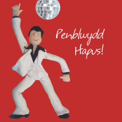 Holy Mackerel penblwydd hapus (happy birthday) glitterball disco themed Welsh birthday card - designed by artist Erica Sturla - 15cm square and blank inside for your message - made in the UK