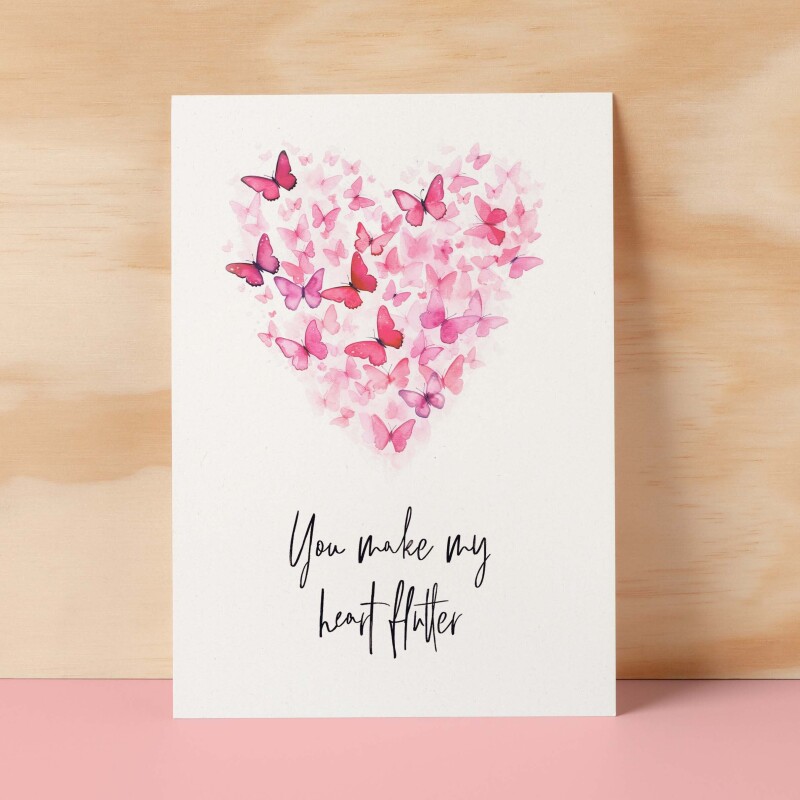 Anniversary or Valentine's Card for Her Anniversary Card for Wife Valentines Day Card For Husband Boyfriend or Girlfriend Butterfly Heart - Large (5x7) / Blank Message