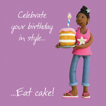 Holy Mackerel Celebrate in style (female), an Erica Sturla birthday greetings card, for wife, mum, sister, daughter, friend etc.15cm square and blank inside