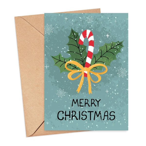Christmas Card - Watercolour Merry Christmas Candy Cane - Small (Approx. A6 | 105mm x 148mm | 4.1in x 5.8in) - Standard Smooth Card
