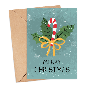 Christmas Card - Watercolour Merry Christmas Candy Cane - Medium (Approx. A5 | 148mm x 210mm | 5.8in x 8.3in) - Luxury Linen Textured Card