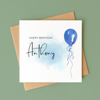 Birthday blue balloon card personalised design custom name script soft handmade greeting