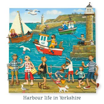 Holy Mackerel Harbour life in Yorkshire greetings card, designed by Erica Sturla Card is 150mm square and blank inside.