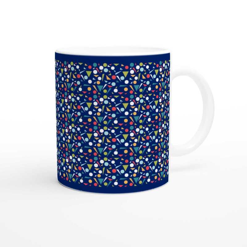 Colour Triangles and Circles on Blue Ceramic Mug - Ceramic White