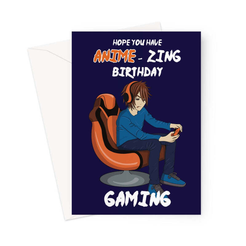 Anime Boy Birthday Card - Brown Haired Gamer - A5 Portrait - 1 Card