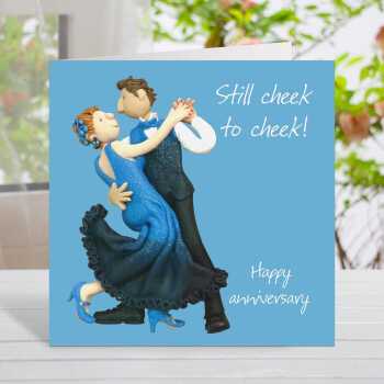 Cheek to cheek anniversary card for a couple - designed by Erica Sturla - 15cm square and blank inside, made in the UK