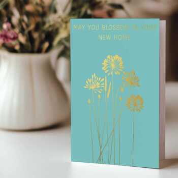 New home card with a pretty gold foil agapanthus print - designed by artist Eloise Hall - 15.7 x 11cm and blank inside
