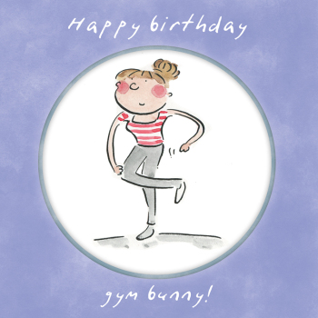Holy Mackerel Gym bunny, a 15cm square sports and fitness themed birthday card featuring Rosie Brooks artwork, blank inside for your message
