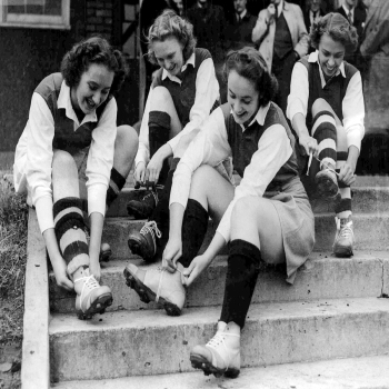Holy Mackerel before the soccer match retro black and white photographic card featuring a vintage image of female footballers booting up - 12.6 x 17.7cm and blank inside