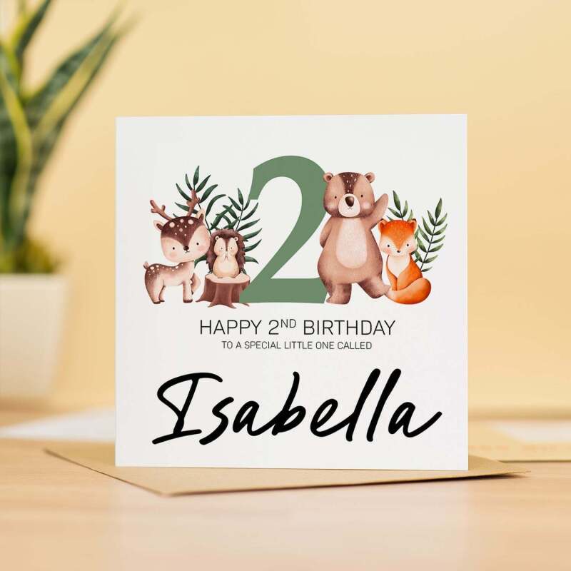 Personalised 2nd Birthday Children's Card Woodland Themed Second Birthday Card For Boy or Girl Two Years Custom Card - Square (5.5x5.5) / Blank Inside