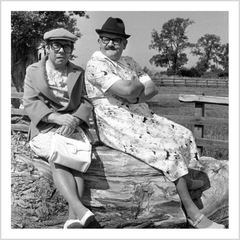 Holy Mackerel the Two Ronnies retro black and white photographic card featuring a vintage image of the comedians dressed as woman for a sketch - 15cm square and blank inside