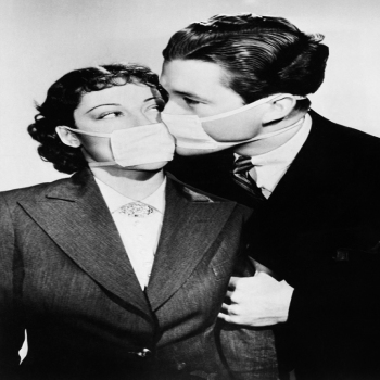 Holy Mackerel mask kiss retro black and white photographic card featuring a vintage image of a couple kissing through their face coverings - 12.6 x 17.7cm and blank inside