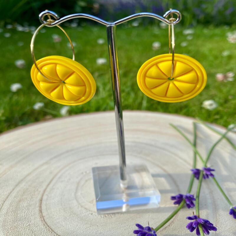 Polymer clay, Lemon Hoop Earrings: Abstract Summer Jewelry - silver