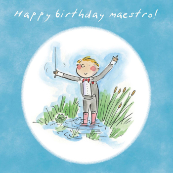 Happy Birthday Maestro Music Themed Birthday Greetings Card by Artist Rosie Brooks. Card is 150mm Square.