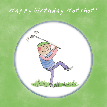 Holy Mackerel Hotshot, a 15cm square golf and sports themed birthday card featuring Rosie Brooks artwork, blank inside for your message