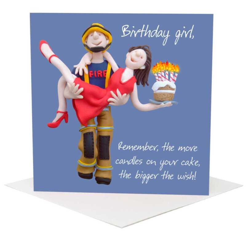 Fireman birthday card for her - designed by Erica Sturla - 15cm square and blank inside, made in the UK