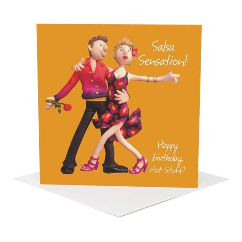 Salsa sensation birthday card for a dancer - designed by Erica Sturla - 15cm square and blank inside, made in the UK